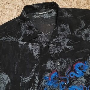 ODO Dragon Print Shirt Mens XXL Black Blue Cyber Y2K Circuit Board Button Down